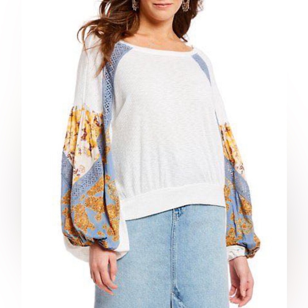 Free People Balloon Sleeve Top Thermal Shirt Oversized Boho size small 785